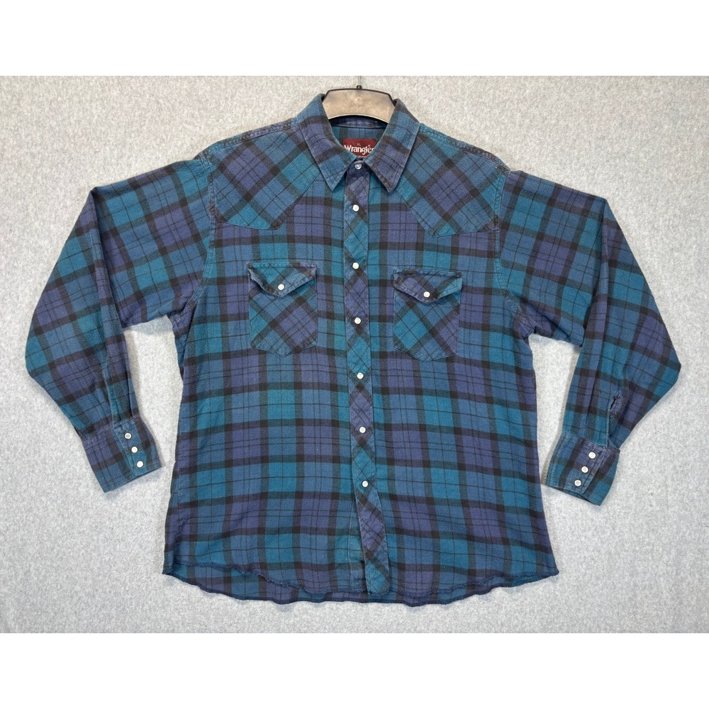 Wrangler Western Flannel Shirt Mens XL Teal Blue Plaid Pearl Snap Long Sleeve